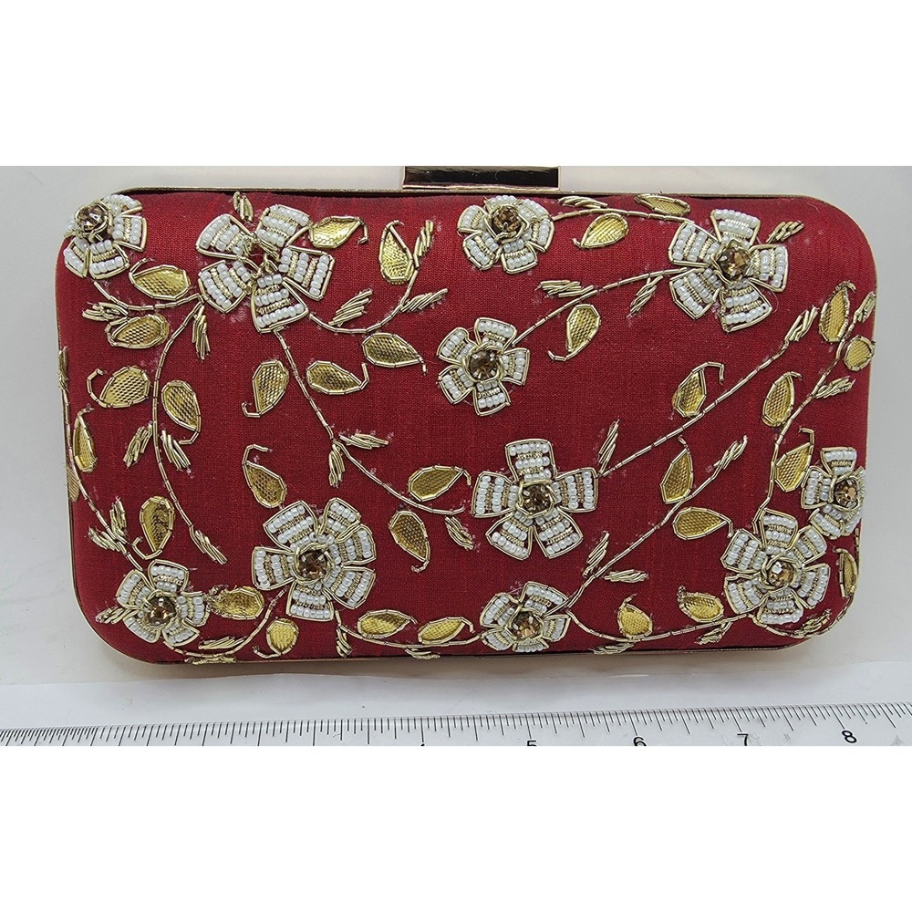 Red Beaded Floral Box Clutch Evening Bag Gold Chain Strap Wedding Prom Party